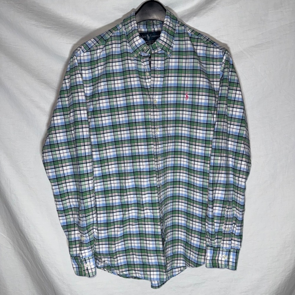 Vintage Polo Ralph Lauren Mens Classic Fit Plaid Button Down Shirt Green Blue M